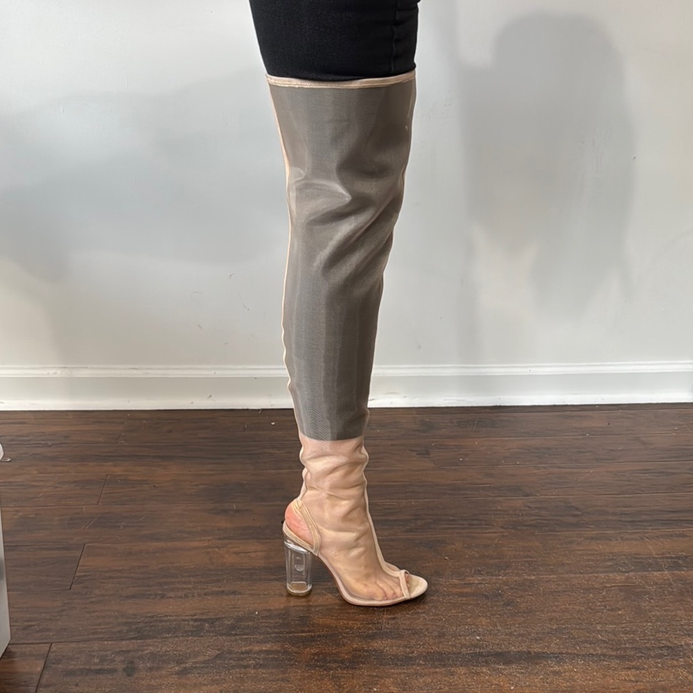 Chic Two-Tone Thigh-High Boots with Clear Heels